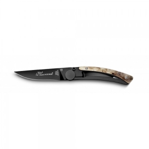 140x140 - Couteau de poche Manche Corne de Bélier lame noire Liner Lock Le Thiers Claude Dozorme